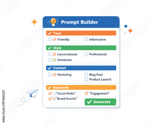 Structured prompt builder visualized by a checklist style panel with labeled sections such as tone style and context forming an organized creative system. The