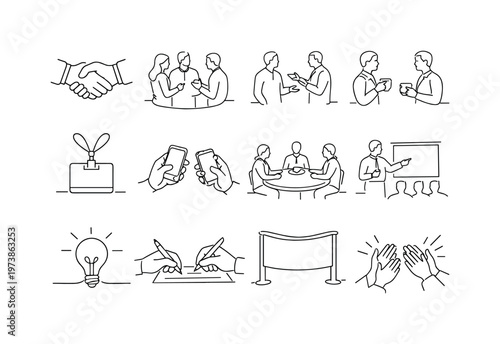 Business Networking Event. Minimalistic set one-line drawing handshake deal, group conversation circle, elevator pitch moment, coffee cup chat, name tag badge,
