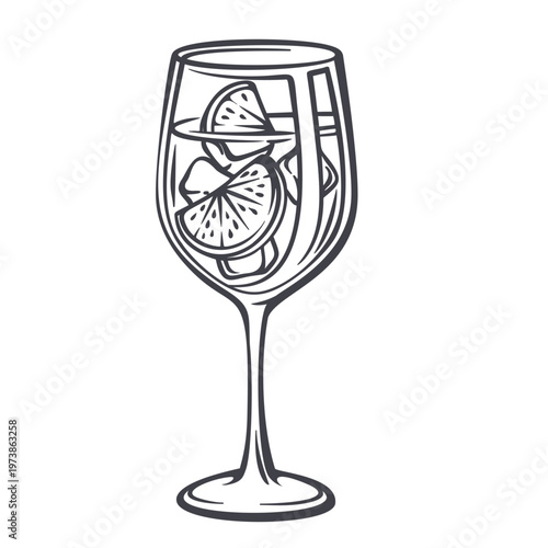 Aperol spritz cocktail in wine glass with ice cubes and orange slices in monochrome outline. Bar menu, summer drink card and cocktail design with aperol spritz, vector illustration