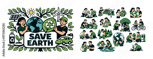 Save earth isometric composition with environmental protection icons, green energy elements, eco activists, recycling symbols, and sustainable living concept. Colorful vector-style set for ecology, cl