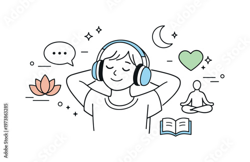 Quiet as self-care. A relaxed person closing eyes with headphones on, calm icons floating gently nearby. Choosing silence as a tool for mental recovery and
