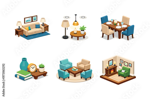 Balanced interior. Isometric flat vector icons set of Balanced interior: symmetrical living room setup, layered lighting scheme, modern classic dining set,