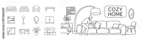 Cozy home line icon composition with interior furniture symbols, living room elements, comfortable seating, home decor details, and domestic comfort concept. Minimal outline collection for household d