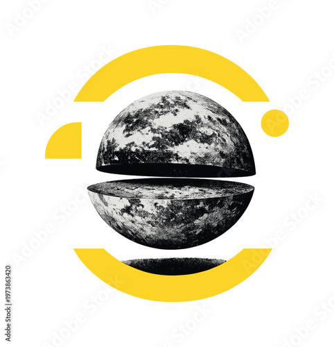 floating planet with cut-out effect and surrounding semicircles, monochrome sphere with retro texture and contrasting yellow shapes in clean layout, modern