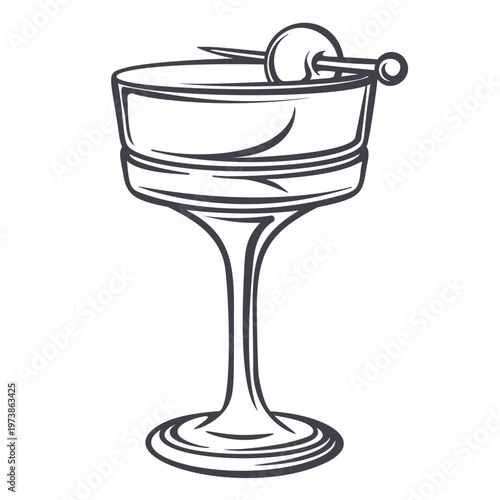 Manhattan cocktail in coupe glass with cherry garnish on pick in monochrome outline. Bar menu, evening drink card and cocktail design with manhattan, vector illustration