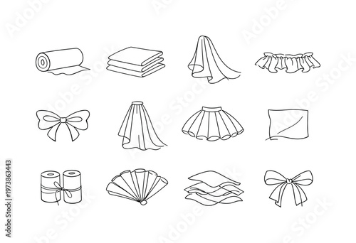 Tulle Material. Minimalistic set one-line drawing tulle fabric roll, folded tulle layers, flowing tulle drape, gathered tulle ruffle, tulle bow, bridal veil