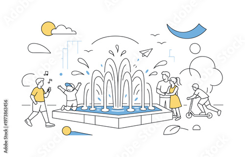 City Fountain. Minimal urban fountain at the center of an open plaza, water jets creating rhythm and symmetry. Abstract shapes and light splashes add a