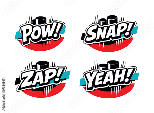 Vintage-inspired black and white sound effect badges reading POW, SNAP, ZAP, YEAH in exaggerated comic typography, bold red semicircle anchoring the layout,