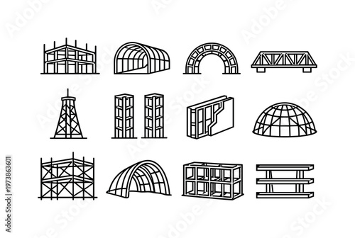 Hollow Structures. Line icon set of Hollow Structures: hollow building frame, hollow tunnel, hollow arch, hollow bridge frame, hollow tower, hollow column