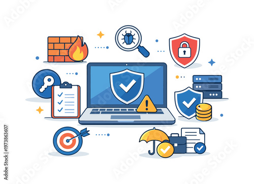 Cyber defense strategy illustrating prevention and risk management. A modern symbolic scene where security layers and icons surround a laptop to communicate