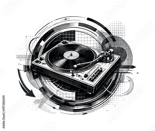 DJ turntable fused with grids and circular motion elements monochrome device with retro texture and layered shapes modern graphic collage conceptual poster