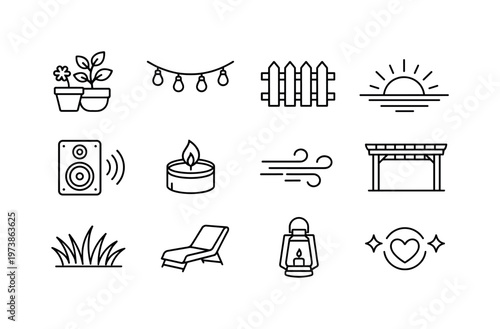 Backyard Atmosphere. Line icon set of Backyard Atmosphere: patio plants, hanging string lights, fence backdrop, sunset horizon, outdoor speaker, citronella