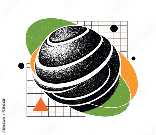classic tennis ball with duplicated layers and geometric grid, black and white ball with retro texture and contrasting green and orange shapes, modern graphic