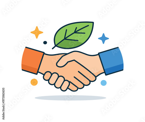Ethical business values shown by a handshake combined with a leaf and small star accents, representing trust, responsibility and environmental care. A clean
