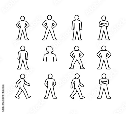 Confident stance. Line icon set of Confident stance: person standing tall, hands on hips pose, power pose silhouette, upright posture, crossed arms stance,