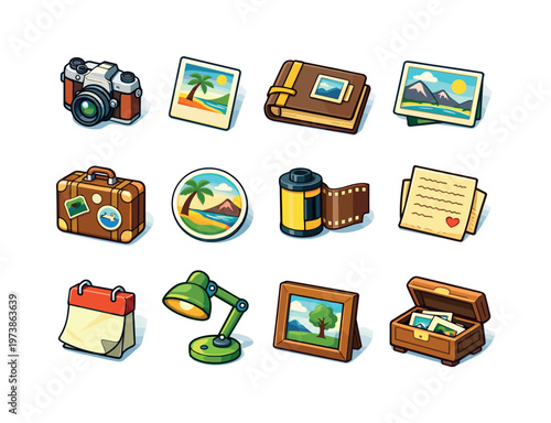 Nostalgic Photography. Colorful isometric vector icons set of Nostalgic Photography: old camera, faded photo print, memory album, postcard photo, vintage