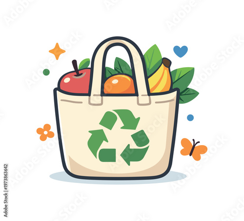 Eco friendly lifestyle expressed through a reusable shopping bag filled with fruits and leaves, symbolizing conscious consumption and plastic-free habits. The