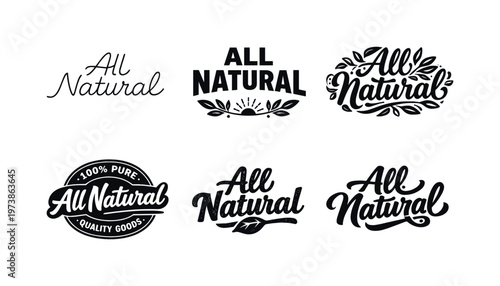 All Natural. Set lettering. harmonious lettering variations of the same emblematic concept, each with different artistic interpretation (Modern minimal