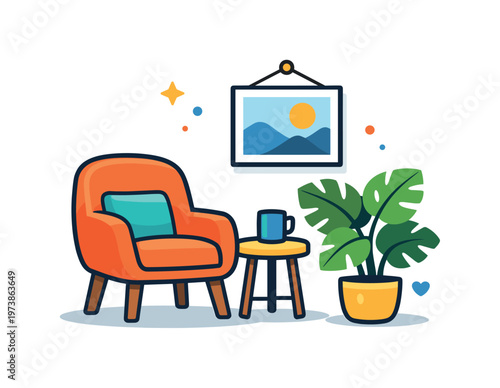 Interior refresh concept showing a cozy room corner with updated decor and balanced aesthetics. A chair, plant, and framed picture create a harmonious scene