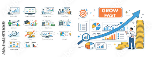 Grow fast isometric composition with business growth and analytics icons, financial chart elements, strategy planning tools, upward arrow, and startup success concept. Colorful vector-style set for ma