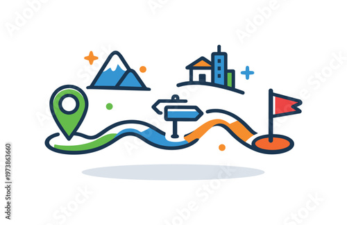 Wayfinding map icon presenting simplified paths and landmarks, expressing orientation, accessibility, and intuitive spatial understanding. Minimalist flat