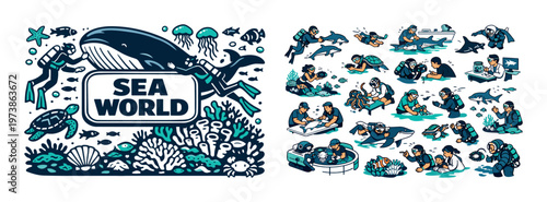 Sea world composition with marine life icons, underwater elements, ocean animals, coral reef scene, and aquatic nature concept. Decorative vector-style set for sea adventure, marine biology, ocean env