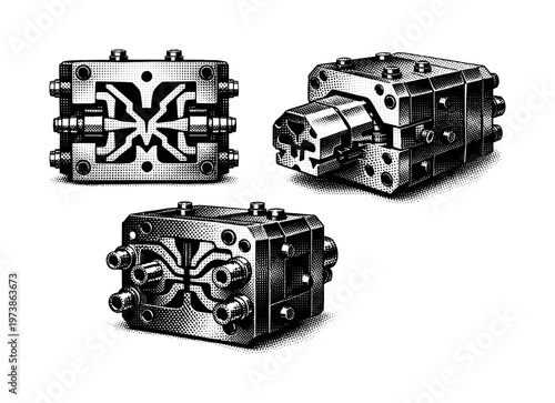 Extrusion die A complex extrusion die is presented in three angles showing internal channels and outer mechanical structure. Black and white dot style with