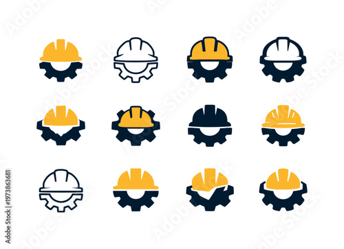 Factory workers. Icon set. Set Logo of Factory workers: hard hat and gear combination. harmonious logo variations of the same emblematic concept, each with