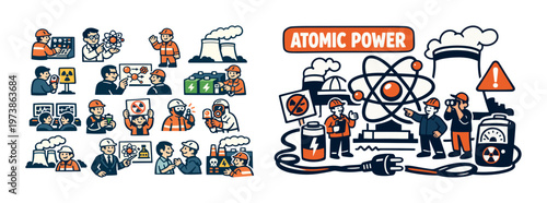 Atomic power isometric composition with nuclear energy icons, power plant elements, radiation safety symbols, engineering workers, and electricity generation concept. Colorful vector-style set for ene