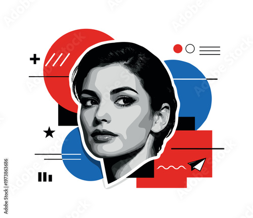 portrait face combined with abstract blocks and circular gradients, thin lines and symbolic dots floating around, retro black and white face with purple and