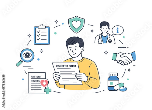 Patient Rights Awareness. A person reading a consent form while healthcare symbols appear around, highlighting transparency and informed decisions. Friendly
