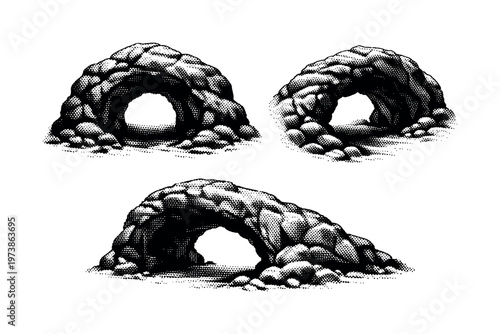 Underwater cave entrance arch. A realistic underwater cave entrance shaped as a natural stone arch is depicted as one object shown in three views highlighting