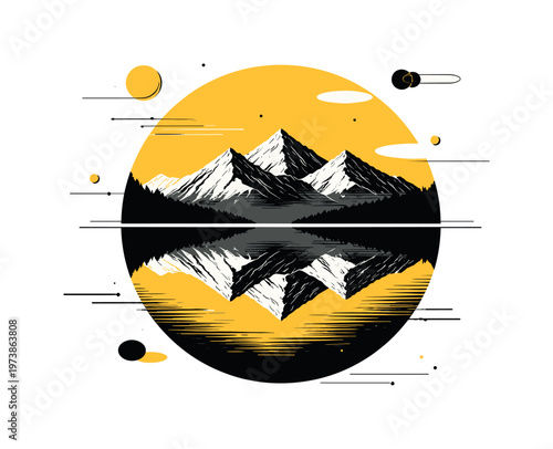A surreal composition of black-and-white mountains and their lake reflection enclosed within a large yellow circle, thin horizontal lines across the center