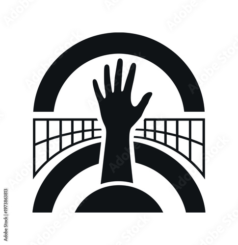 hand silhouette integrated with bold semicircles and linear grid structure simplified monochrome hand with strong contrast modern-retro editorial design white