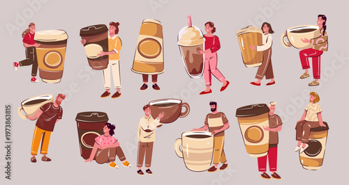 Giant coffee characters with huge cups, mugs and takeaway drinks, fun coffee vibes and playful coffee mood in simple cartoon doodle style, vector illustration.