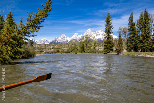 Grand Tetons from the Snake River in Grand Teton National Park, Wyoming, USA from a raft