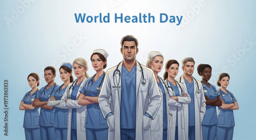 A diverse group of medical professionals standing together for World Health Day