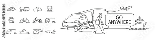 Go anywhere line icon composition with travel and transport symbols, passenger van, airplane, destination landmarks, and journey planning concept. Minimal outline collection for tourism, transfer serv
