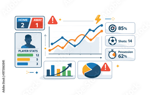 Live sports data review depicted by a modern stats board with dynamic lines subtle motion cues and alert icons suggesting fast paced analysis during broadcast