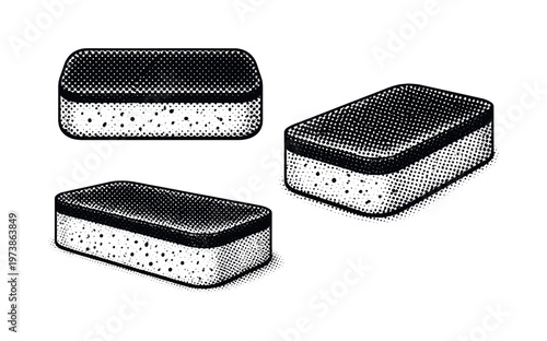 Dish sponge ? rectangular kitchen sponge with rounded corners and porous texture, shown in top view, side profile, and three-quarter angle to define volume.