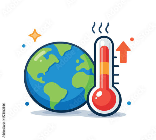 Climate change awareness expressed by a thermometer rising beside a simple planet icon, communicating temperature increase and climate urgency in a clean