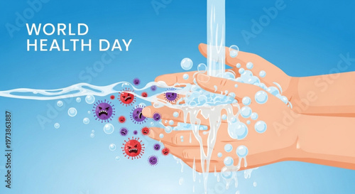 A vector graphic illustration of hands washing away germs on World Health Day