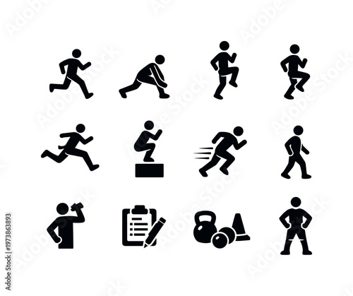 Sports Conditioning. Solid icon set of Sports Conditioning: warm-up run, dynamic stretch, high knees drill, butt kicks drill, bounding exercise, plyometric