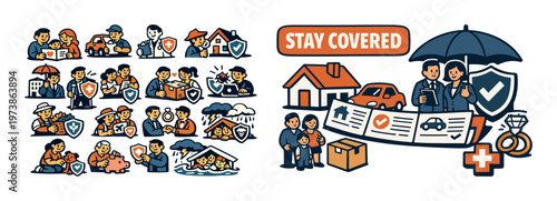 Colorful flat illustration set showing insurance and protection concepts, including families, homes, vehicles, healthcare, emergency support, and a Stay Covered scene with an umbrella protecting peopl