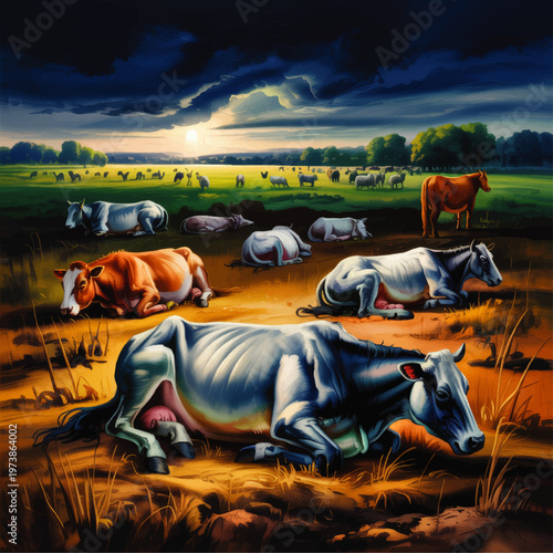 Dramatic rural livestock painting with resting cows and horses in sunlit meadow under dark storm clouds at sunset