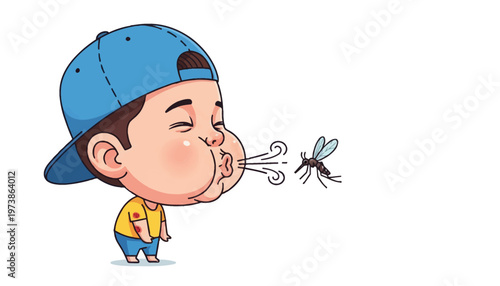 Cartoon illustration of a young boy in a blue cap blowing a mosquito away from his face