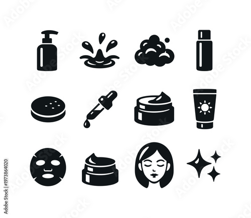 Skincare Routine. Solid icon set of Skincare Routine: face wash bottle, water splash, facial cleanser foam, toner bottle, cotton pad, serum dropper,