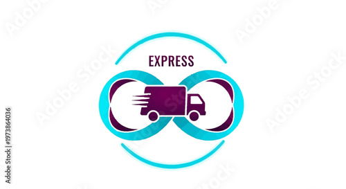 Dynamic vector graphic of an express delivery truck swiftly moving within an infinity loop design, symbolizing fast, continuous, and unlimited logistics services for modern businesses