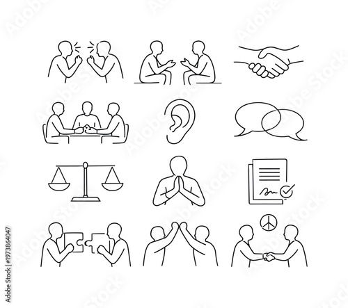 Conflict Resolution Skills. Minimalistic set one-line drawing [two people arguing, calm discussion, handshake, mediation table, listening ear, speech bubbles,