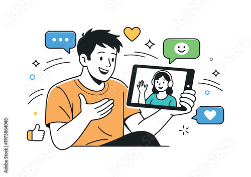 Casual video chat with friends. A relaxed person talks on a tablet, smiling and gesturing while chatting with a friend on screen. Light, friendly interaction